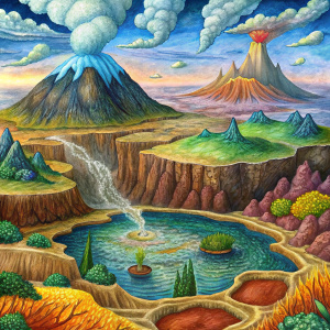 Dibuja un paisaje de la Tierra primitiva con volcanes, océanos y atmósfera primitiva. Muestra la "sopa primordial" en el océano, donde los compuestos orgánicos se combinan para formar moléculas más complejas.

