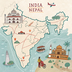 Mapa de India y Nepal en español. Incluye monumentos, rutas de transporte, y detalles sobre atracciones turísticas.