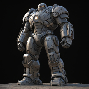 3D digital art of a massive armored figure, reminiscent of Hulk-Buster. The armor is composed of robust, metallic gray segments with intricate mechanical details. The character is displayed in profile, highlighting its powerful physique and the complexity of its armor. Set against a pitch-black backdrop.