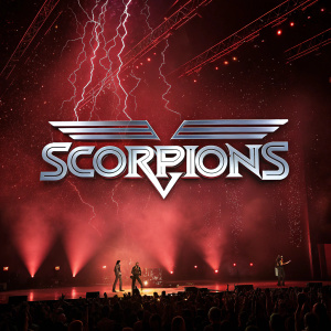 A vibrant digital poster for the legendary rock band Scorpions. The poster features a sleek, metallic scorpions logo in bold, modern font. Set against a dark crimson backdrop, the design exudes drama and rock distortion.