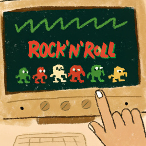 Digital illustration of Atari ST console screen. Rock'n'Roll game logo in bold, graffiti-like font. Pixelated characters and vibrant retro colors. Player pressing start button.