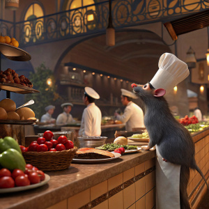 Ratatouille movie scene featuring Remy the rat in the bustling kitchen of a Parisian restaurant. Vibrant colors and detailed background.
