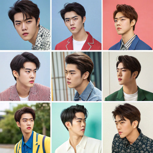 Collage featuring multiple candid shots of Sehun from EXO. Varied expressions and outfits. Grid layout with plain and colorful backgrounds. Showcase versatility and individuality