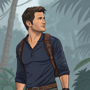 Cartoony depiction of Nathan Drake from Uncharted series. Determined look, brown hair, rugged attire. Dark blue shirt, belt, backpack. Blurred jungle background.