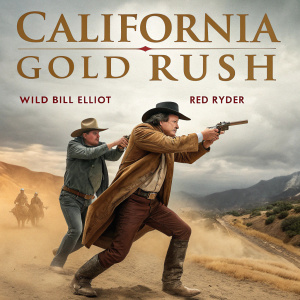 Movie poster for 'California Gold Rush'. Featuring Wild Bill Elliot and Red Ryder in a classic Western setting. Intense action scene with main actors.