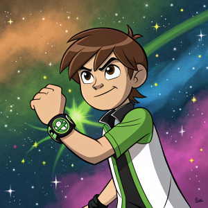 Illustration of Ben 10. Ben Tennyson, a young hero with the Omnitrix on his wrist. Vibrant galaxy background.