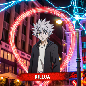 Killua, character from My Hero Academia, illustrated with vibrant electric blue background resembling lightning. Wears a black jacket over a white shirt. His name 'KILLUA' appears below the image.