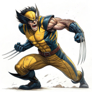 Drawing of Wolverine from X-Men. Intense expression, dynamic pose. White background.
