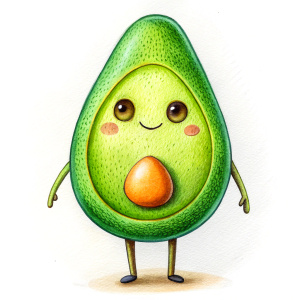 Please create a drawing depicting a cute avocado character. This character should have several different expressions and poses