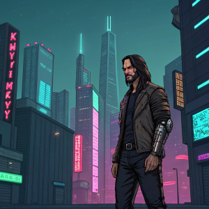Keanu Reeves depicted as Johnny Silverhand in pixel art. Cyberpunk-themed background with neon lights and futuristic cityscape.