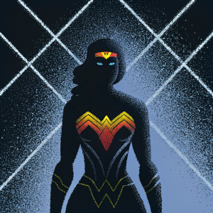 Digital illustration of Wonder Woman. Modern pixel art style. Geometric patterns and gradient colors.