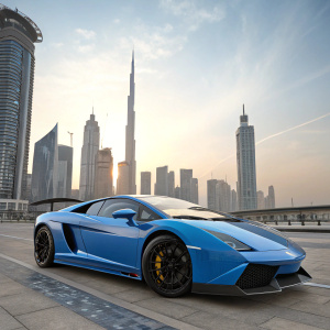 A detailed 3D render of a Lamborghini Gallardo LP 560-4, predominantly blue with black wheels and accents. Futuristic cityscape background