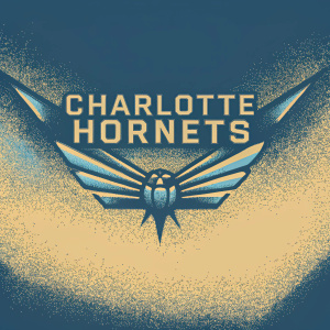 Stylized logo for the Charlotte Hornets. Blue and purple hues. Design featuring a blend of insect and bird elements.