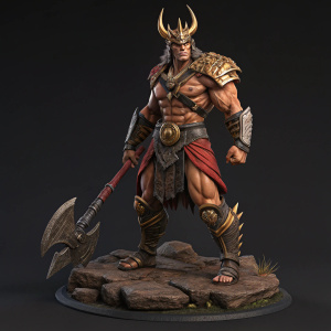 Shao Kahn, muscular character from Mortal Kombat, fierce expression, ornate helmet, standing on a detailed rocky base, detailed figurine style