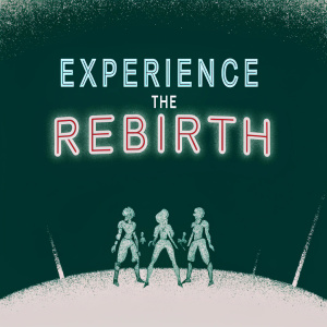 Digital app interface featuring a promotional ad for Neon Genesis Evangelion. Dark background, stylized with neon lights and futuristic elements. Prominent text reads 'Experience the Rebirth'. Characters from the series are prominently displayed in dynamic poses. Targeted at anime enthusiasts and cyberpunk fans.