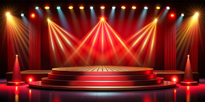 Stage podium with lighting, Stage Podium Scene with for Award Ceremony on red Background. Vector illustration