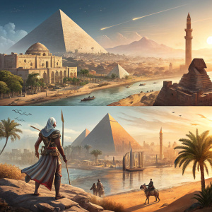 A vibrant, colorful mosaic of concept art from Assassin's Creed Origins. The artwork showcases diverse scenes set in ancient Egypt, featuring bustling cityscapes, serene deserts, and heroic characters. Each panel captures the essence of adventure and historical richness.