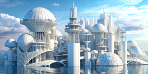 White illustration,  Wes Anderson style, 
 structural aesthetics, collage of many complex metal architectures, the bigest ocean and huge sky, white, more clear background, gain paper