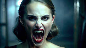 Vampire Natalie Portman, Vampire teeth, she looks very crazy, extremely creepy, Location Dark Room 