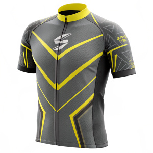 3D model of a futuristic cycling jersey. Gray and yellow geometric design. Prominently featuring the brand logo.