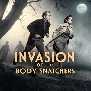 Vintage horror movie poster. Kevin McCarthy and Dana Wynter sprinting. Title: Invasion of the Body Snatchers. Dramatic and suspenseful atmosphere.