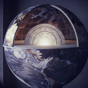 Interactive 3D model of Earth's layers, including crust, mantle, outer core, inner core, and a speculative nuclear reactor at the center.