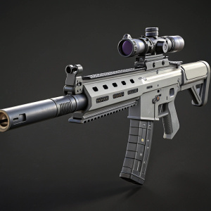 Digital 3D model of K1A ROKA Service Rifle. Futuristic design, gray hues, long barrel, numerous attachments. Set against a dark, neutral backdrop. Focus on weapon's intricate details.