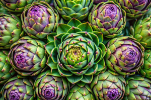  artichoke flower buds in green and purple, assembled in a radial pattern that showcases their unique geometry from above