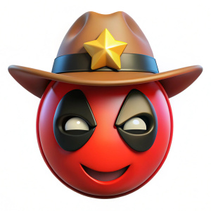 emoji of deadpool with sheriff hat, white background, microsoft 3d emoji style