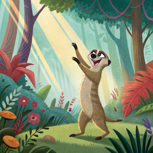 Zootopia's Sid, a meerkat, posing energetically. Vibrant jungle scene backdrop