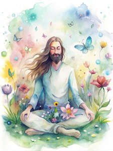 Man beard long hair sitting on grass meditation aura shining out surrounded by flower butterfly   and light spanking many colors 