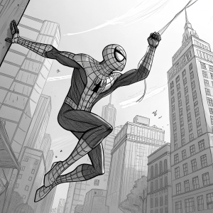 Hand-drawn, black and white illustration of Spider-Man mid-jump, web-slinging through the city. The sketch captures the dynamic pose and intricate web patterns on his costume, highlighting the muscular physique and energetic movement typical of comic book art.