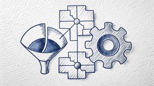 Strategic Canvas and a missing puzzle, Missing ingredient to success, Business Gears, Funnel, Charts, black and white, sketch format
