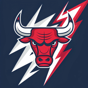Chicago Bulls logo, a dynamic cartoon bull with red and white lightning bolt accents. Bold, graphic design with high contrast.