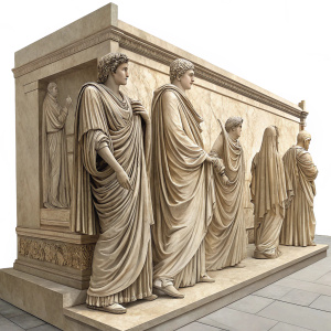 Detailed sculpture from Roman antiquity. Individuals in flowing robes. Part of the Ara Pacis Augustae monument. Intricate drapery and folds