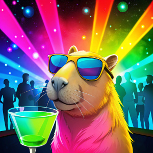 capybara in sunglasses sits at the bar with a martini glass, in the background color music, people dancing