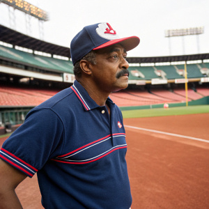 Cito Gaston, African American, standing at a baseball stadium. He wears a navy blue shirt with red stripes and a cap with a team logo. He has a mustache and stands on the red clay infield.