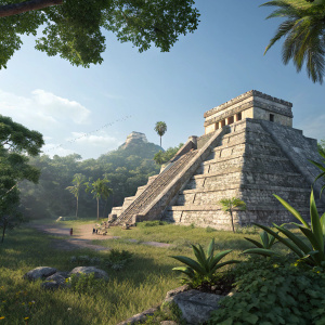 A 3D rendered image of Chichen Itza's Temple of the Feathered Serpent. Set amidst lush jungle vegetation with clear blue skies overhead.