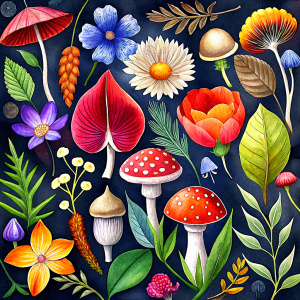 WATERCOLOR darkf  background, watercolor VINTAGE image ,SUILLUS,  shingle tooth , origami pinwheel,  SHIITAKE,  bloodroot,red fly agaric, lila loosestrife , ox blood  morel, YELLOW witch hazel,PINK lisianthus ,BLUE lobelia , porcini, burgundy peony , mocha lysiamacha , farewell of spring , cream hyacinth , porcini,glariosa, farewell of spring , cotinus, hypericum,oxypetalum, lime dianthus barbatus, ivory  vanda,red fly agaric, shingle toothzinnia,red fly agaric, wild lupine ,shingle tooth,tree b