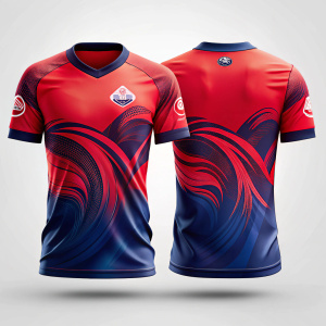 diseño de playera deportiva color rojo y azul marino con ondas y  logo grande frente y espalda