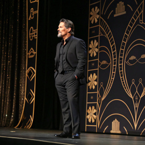 Josh Brolin, actor, at the Gotham Awards. Dark suit, black backdrop with intricate gold design, standing alone on stage.