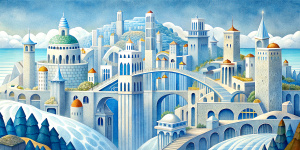 White illustration, Wes Anderson style, surreal collage of many complex sophistic buildings and a lot of bridges, vast ocean and sky, white color, grainy paper