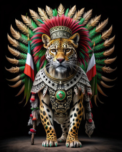  dibujo de  guerreo jaguar en   cuerpo completo completo con  jaguares y penacho  y atrás una bandera de Mexico y calaveras adornando y fondo negro