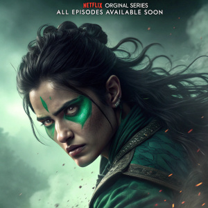 Imaginative promotional poster for Netflix series 'Odayan'. Character with intense gaze, dark hair styled dramatically. Face adorned with green and vibrant makeup. Dynamic posture indicating action. Set against a gloomy, shadowy backdrop. Chaotic and mystical atmosphere surrounds the figure. Text announces 'Netflix Original Series' and 'All Episodes Available Soon'.