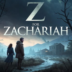 Film poster for 'Z for Zachariah', featuring characters in a post-apocalyptic landscape. Dark, moody aesthetic with muted tones. Prominent film title and actor names.