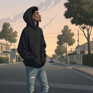 Ja Morant, standing on a quiet street, wearing a simple black hoodie and jeans. No background logos, just a serene urban setting.