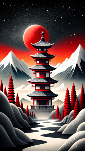 japanese temple and landscape ukiyo e style, 3d art
