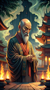 the style of Japanese Ukiyo-e:Sha Monk, middle-aged, bald, with a beard and a simple and honest expression, wearing a robe, with a prayer bead hanging around his neck, hands clasped together, standing in a Buddhist temple with incense burning and Buddha statues in the background. The solemn atmosphere, best quality, masterpiece