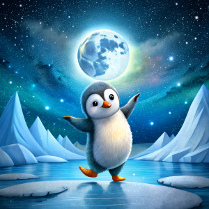 a cute penguin dancing on a big icy land under moonlit night