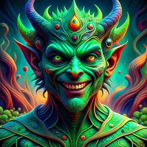 a green smiling devil, comic effect, dynamic and aesthetic, 3D color effects, edgy and modern ((Comic-Style)), trending on artstation, isolated